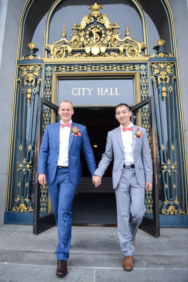 Engagement photography for Zhibo and Mathias at City Hall, Baker's Beach, Fort Point, Palace of Fine Arts, San Francisco, CA
